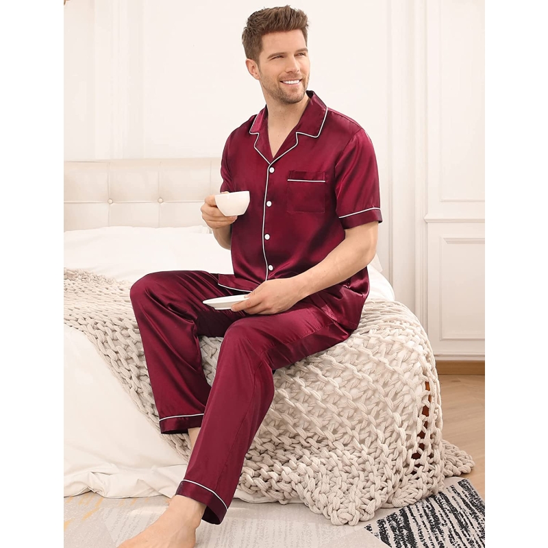 SWOMOG Men's Silk Satin Pajama Set Short Sleeve Classic Sleepwear Button Down Loungewear with Long Pants - Image 5